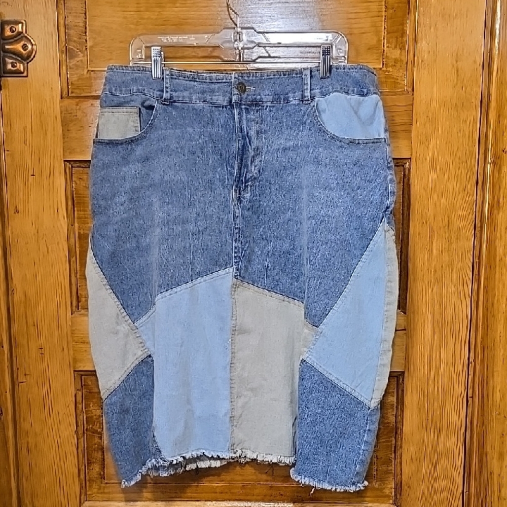 Ashley Stewart Boho Retro Y2k Denim Patchwork Skirt - Blue and Gray 14